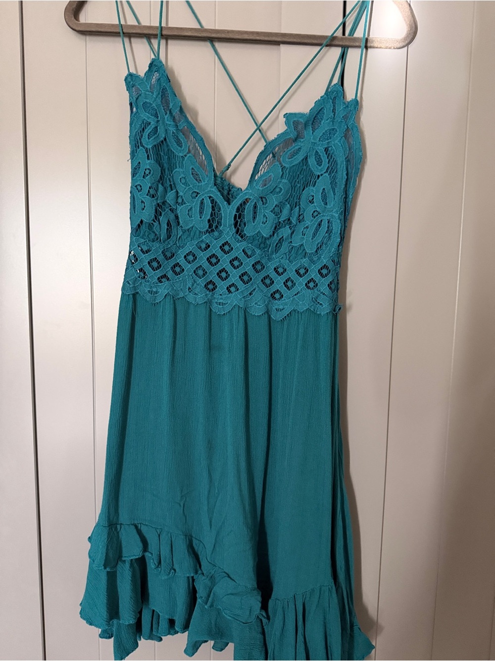 Free People Teal Lace Bodice Crisscross Strap Mini Dress